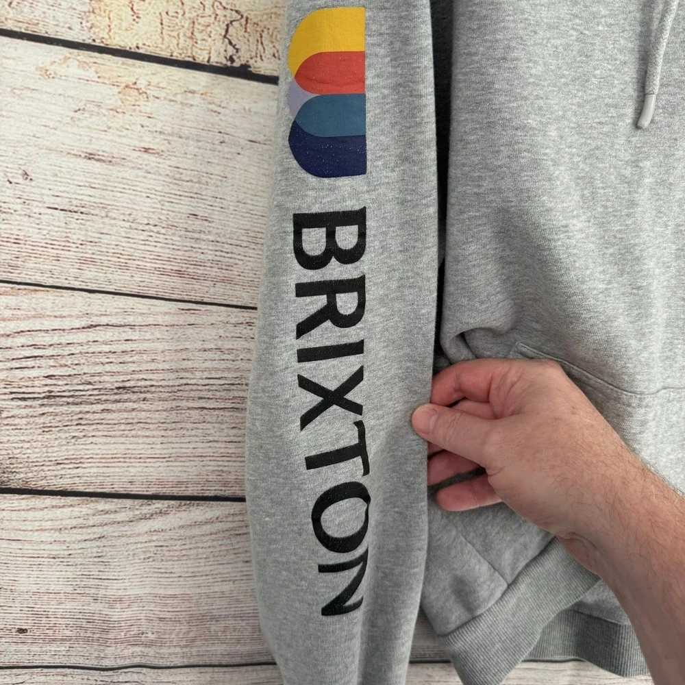 Brixton Hoodie Mens Medium Gray Sleeve Logo‎ Graphic Pullover Fleece Sweatshirt